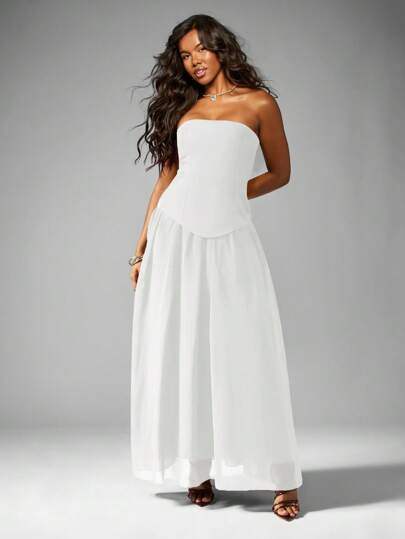 slim fit dress slacks Beige Cotton Strapless Midi Dress - Women's Dresses main image 0