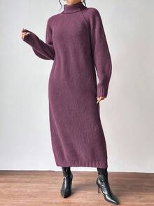 EMERY ROSE Solid Color Turtleneck Knit Dress, Casual For Autumn/Winter Fall Cloth For Women