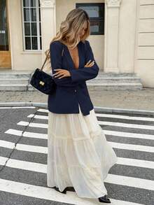 Siren Gaze Casual & Commute Solid Color Linen Thin Blazer In Fall/Winter Blue - Navy Blue - View 5