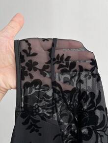 Flirla Plus Size Sweetheart Neck Long Sleeve Flocked Patchwork Ruffle Slit Romantic Elegant Vintage Black Dress For Dates, Parties, Galas Fall Cloth For Women - Black - View 6