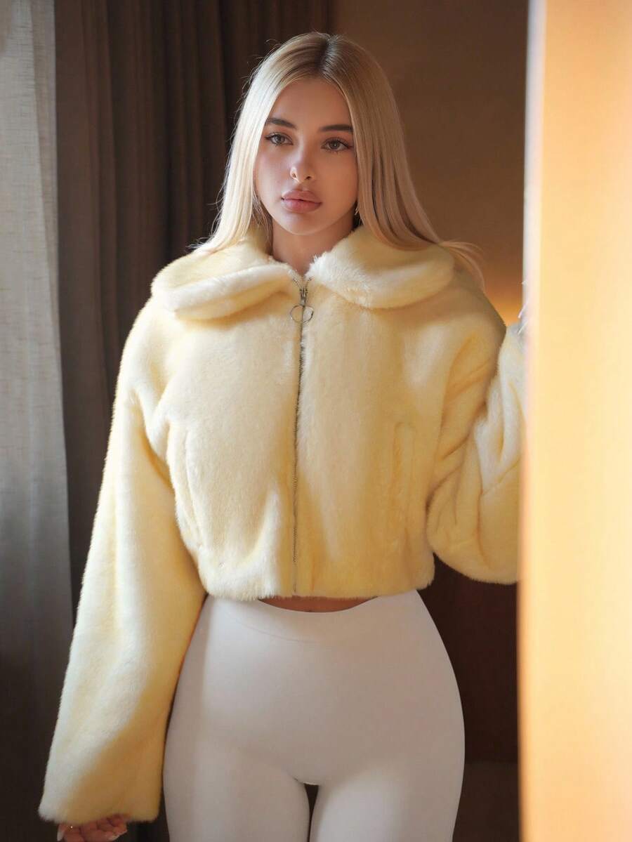 Sweetina Women's Autumn And Winter Cute Sweet Casual Pure Desire Style Y2K Millennial Style Yellow Dyed Peak Lapel Zipper Loose Cut Fake Fur Coat - Beige - View 1