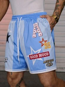 Pantalones cortos con cordón estampados de estilo casual y urbano de hip hop para hombres AXEPEAK - Celeste - Ver 1