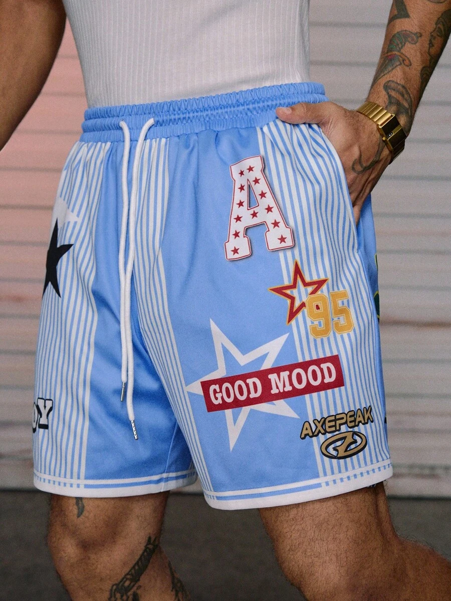 Pantalones cortos con cordón estampados de estilo casual y urbano de hip hop para hombres AXEPEAK - Celeste - Ver 1