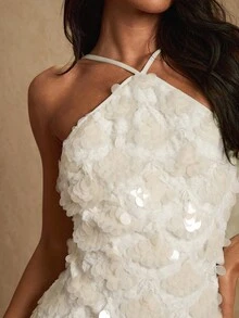 Glamine Women's Solid Color Spaghetti Strap Sleeveless Sequin Embellished Mini Dress White Sequin Dress White Mini Dress White Halter Dress White Party Dress White Reception Dress Sequins Dresses For Women Gala Dress Unique Dress Glamorous Gown