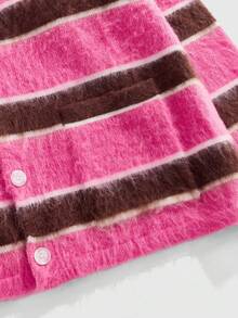 ROMWE MEN Prep Men's Striped Long Sleeve Single-Breasted Casual Loose Knit Cardigan , Fall Winter - Hot Pink - View 2