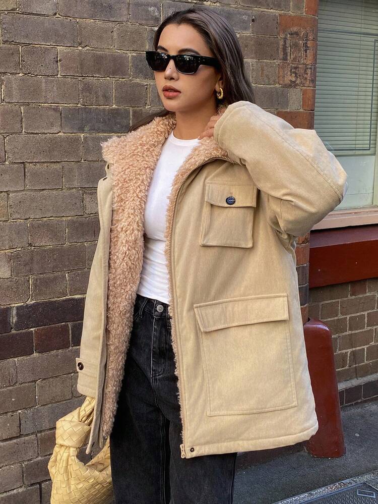 Corduroy Patchwork Fur Collar Pocket Casual Thicken Thermal Lined Loose Fit Padded Coat For Women, Autumn/Winter Jacket