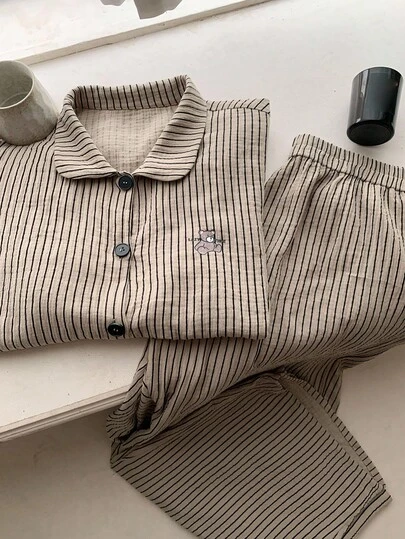 Dazy Plus 大码女式翻领条纹休闲两件套睡衣，可爱印花家居服，秋冬服装，舒适套装
