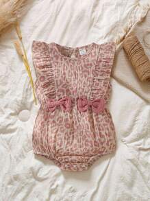 SHEIN Vintaside Kids Baby Girl Leopard Print Ruffle Trim Bow Front Bodysuit With Accessory Headband