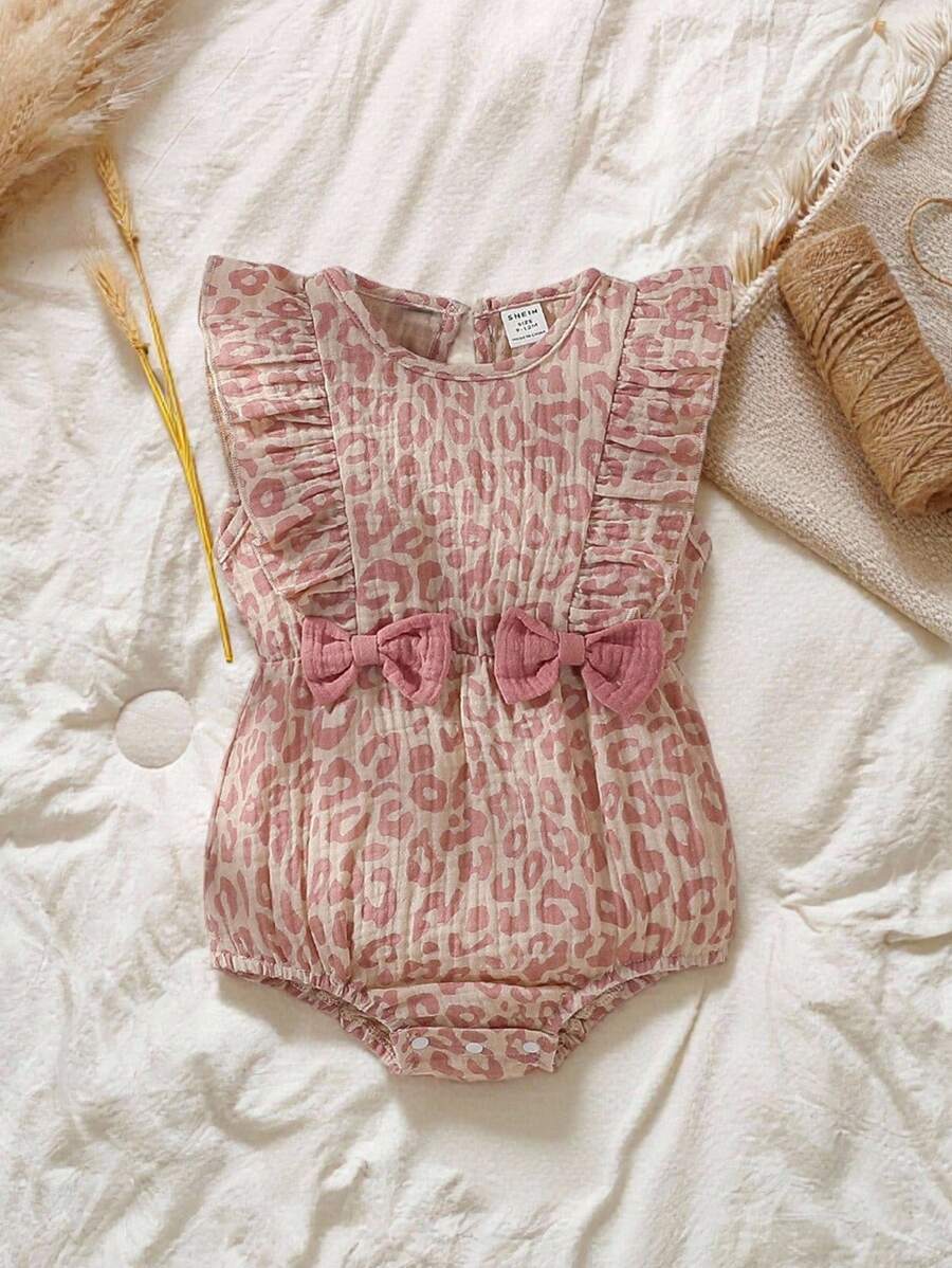 SHEIN Vintaside Kids Baby Girl Leopard Print Ruffle Trim Bow Front Bodysuit With Accessory Headband