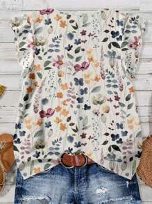 EMERY ROSE 女士休闲优雅盖袖宽松衬衫，简约设计适合夏季，前扣开合，碎花，复古花卉图案 - 彩色 - 查看 2