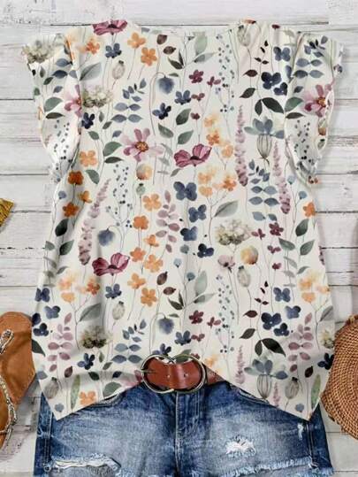 EMERY ROSE Women's Casual Elegant Cap Sleeve Loose Blouse, Minimalist Design Suitable For Summer, Front Button Closure, Ditsy Floral, Vintage Flower Pattern Floral Blouse Women Casual Tops Women Summer Summer Floral Tops