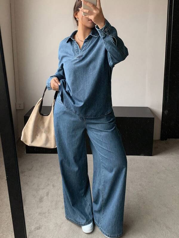 Dazy Plus مجموعة من قطعتين: ملابس علوية كولونيل من الجينز الأزرق المغسول وبنطال جينز ذو ساق مستقيمة مريحة، مقاس كبير، للربيع/الخريف
