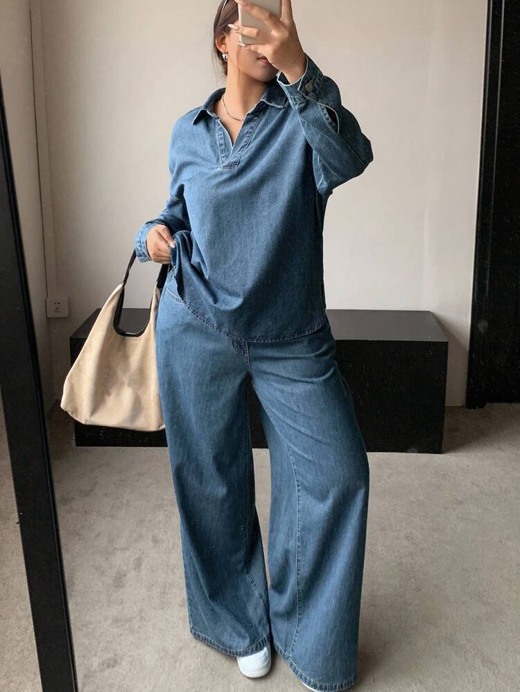 2pcs Set Washed Blue Denim Collared Pullover Top And Relaxed Straight Leg Jeans, Plus Size, Spring/Autumn