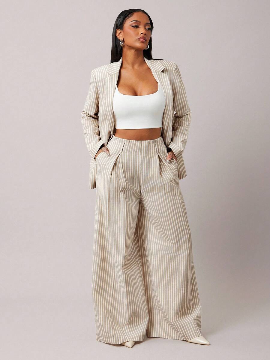 Radiana Women's Khaki Striped Suit Pants, Versatile Bottom Wear For Daily Outings And Office Commute Striped Wide Leg Pants In Fall/Winter - Multicolor - View 1