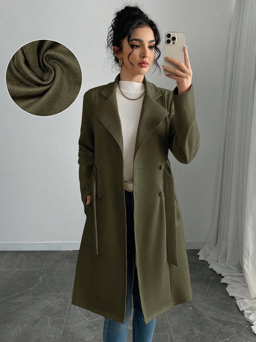 Rafferiza 女式纯色仿麂皮双排扣侧袋常规夹克 - 軍綠色 - 查看 1