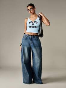 MISSGUIDED MSGD Sports Nostalgic Y2K Crop Tank Top Varsity Style Sleeveless 98 Print High Summer Workout Training Campus Active Wear Racerback Basic Cotton - Blue - View 3
