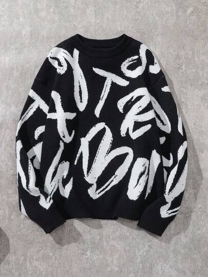 Tween Boy Fashion Pattern & Letter Intarsia Knit Sweater Long Sleeve Pullover, Autumn/Winter Boys Graphic Sweater Teen Boy Sweater Boys Knit Sweater Tween Boys Sweater Kids Graphic Sweater Teen Boys Sweater Boys Black And White Sweater Fall