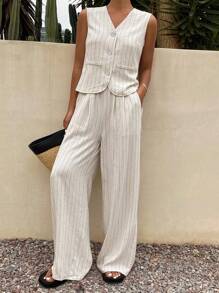 Livesso 2 Pieces Urban Style Women Summer New Outfit Linen,Back To School Clothes Lounge Sets For Women - Beige - View 6