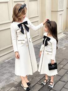 SHEIN Serisse Kids 年轻女孩优雅丝带拼布撞色蝴蝶结装饰长袖中长连衣裙，适合返校和活动 - 白色 - 查看 5