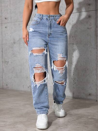 SHEIN ICON Jeans de mezclilla desgarrados y desgastados de vaquera de talla grande para mujer, para otoño