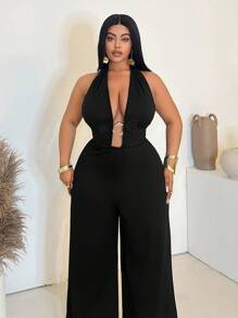 Maweii Mono de mujer talla grande con escote en V sexy, decoración de metal y hebilla, de unicolor, de moda y versátil para fiestas y reuniones - Negro - Ver 3