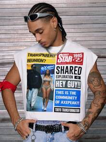 AXEPEAK 男士休闲时尚街头个性标语印花宽松针织背心，夏季 - 白色 - 查看 3