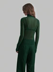 Ontre Stockholm Style, Women's Teacher Outfit, Autumn Clothing, High Collar Turtleneck Knit Top, Elegant Autumn/Winter Blouse, Mesh Long Sleeve Shirt, Business Casual Women's Basic Top - Dark Green - View 2