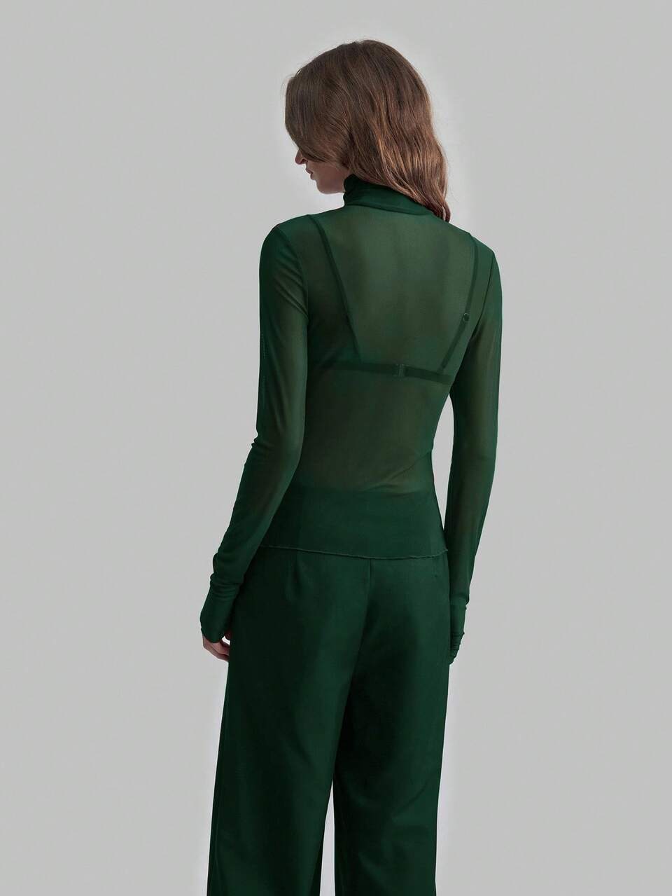 Women's Dark Green Mesh Long Sleeve Shirt,Autumn Seksi Chic Night Out Stockholm Style Turtleneck Knit Top,Elegant Business Casual Teacher Outfit