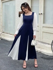 2024 秋冬新款少女优雅雪纺拼色连衣裙，适合派对和通勤 - 藏蓝色 - 查看 4