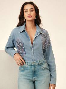 Anewsta 奢华宽松牛仔衬衫 - 藍色 - 查看 7