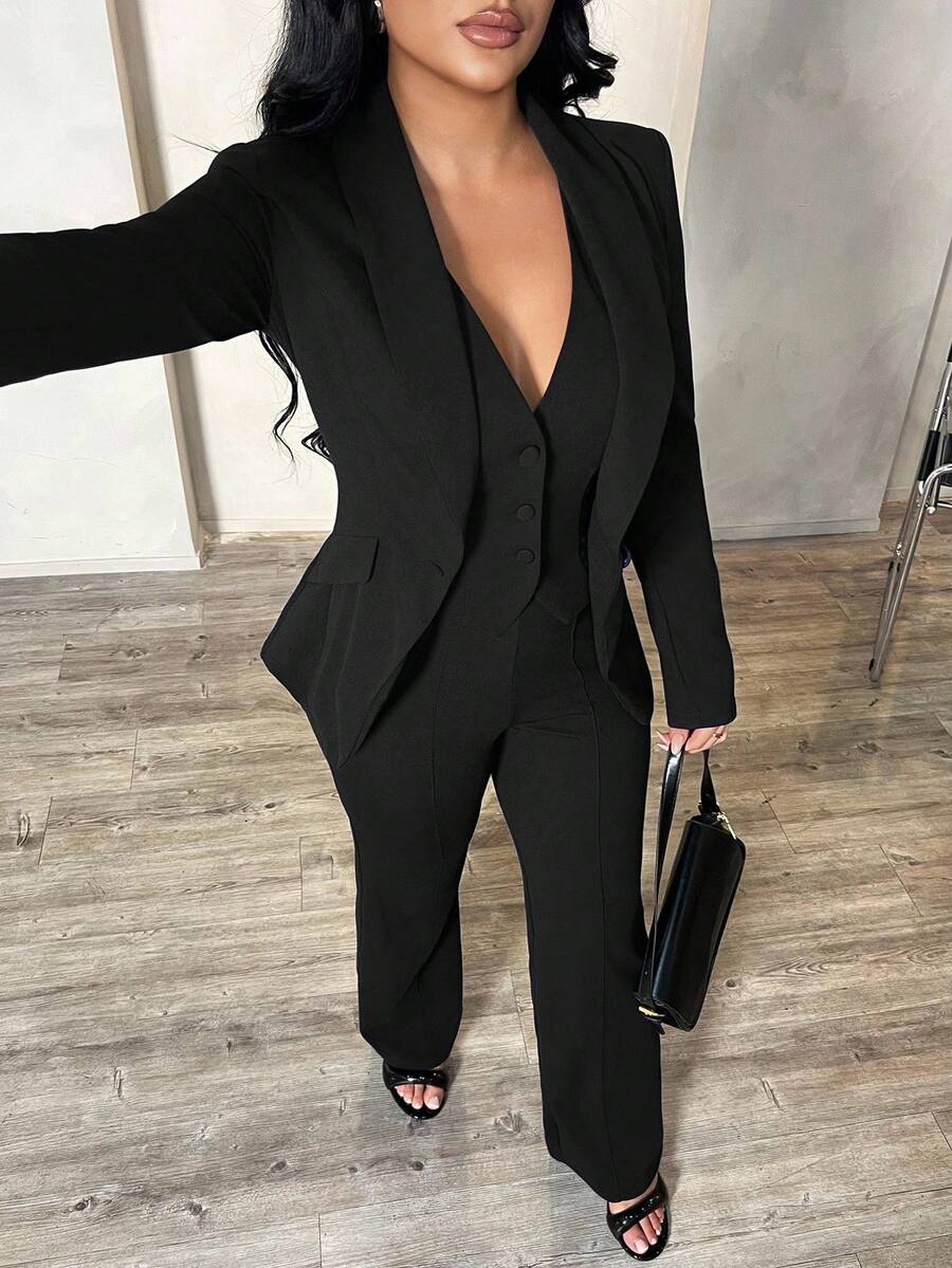 SHEIN SXY 3-teiliges Set: Dunkelblauer Blazer mit langen Ärmeln, Weste und Hose, sexy Outfit für den Arbeitsweg und Dates, Herbst/Winter
