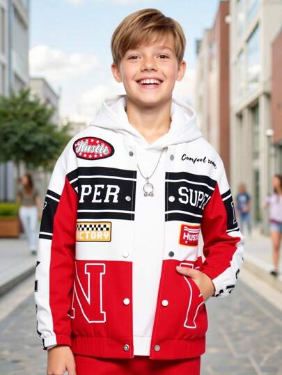 SHEIN Tween Pojkar Casual Cool Streetwear Racingbil Bokstäver & Siffror Grafisk Öppen Fram Långärmad Jacka, Lämplig För Skola, Sport, Vår Sommar Höst Vinter