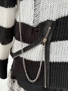 Sweetra Black & White Striped Pullover Sweater, Zipper Decor, Dark Style For Women Fall Winter Cloth For Women Autumn - Black and White - View 7