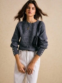 Poéselle 女士灰色针织套头毛衣，经典圆领，柔软舒适，时尚纽扣袖口，秋季保暖之选。灰色毛衣，针织套头衫，舒适秋季毛衣，纽扣袖口针织上衣，经典款，圆领毛衣，简约针织衫，2025秋季时尚，柔软针织上衣 - 灰色 - 查看 7