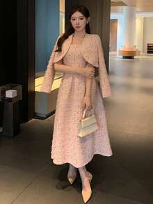 DAZY 2pcs/Set Women's Sleeveless Waist Cinched Dress And Long Sleeve Cardigan Set, Spring/Autumn Lounge Sets For Women - Pink - View 1