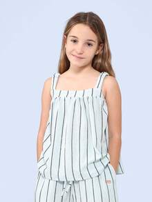 SUMWON Kids Summer Vacation Two Piece Sleeveless Strappy Striped Co-Ord Casual Beach Resort Wear Lightweight Outfit - Blue - View 3