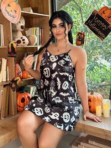 SHEIN Plus Size Women Halloween Pumpkin & Ghost Print Slip Dress - Multicolor - View 4