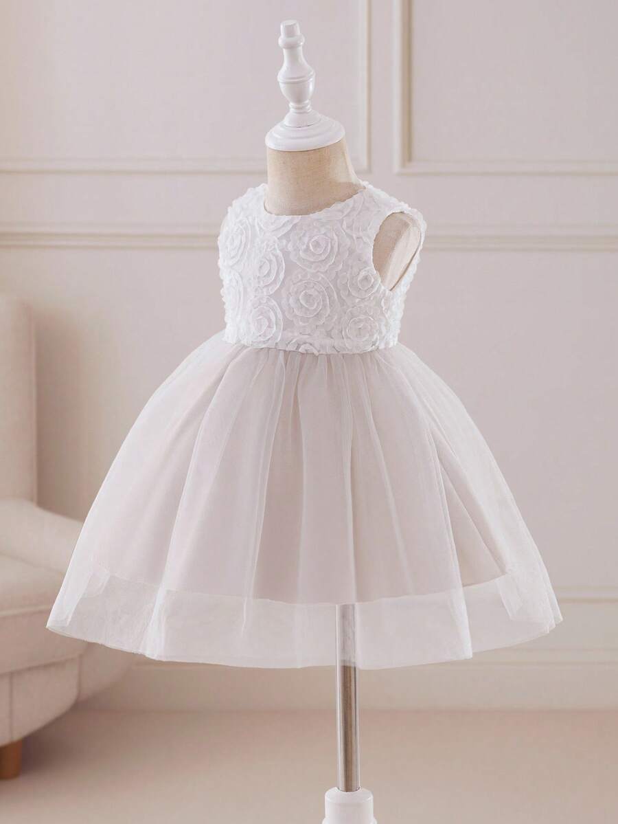 Glamorique Kids 女婴花朵伴娘礼服,婚礼,花童,优雅,3D玫瑰,派对表演,适合正式场合,舞台,钢琴表演 - 白色 - 查看 1