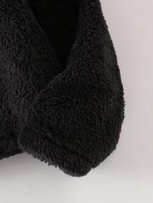 SHEIN 女童加厚毛领长袖可拆卸蝴蝶结冬季外套，时尚简约儿童短款开衫，秋冬款 - 黑色 - 查看 3