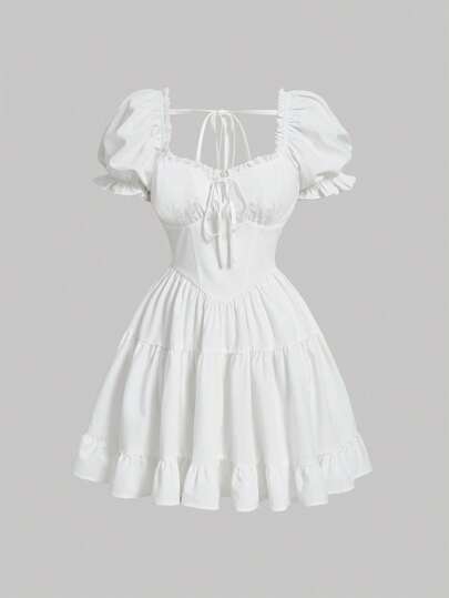 SHEIN MOD Solid Tie Front Ruffle Hem Dress,White Graduation Dress
