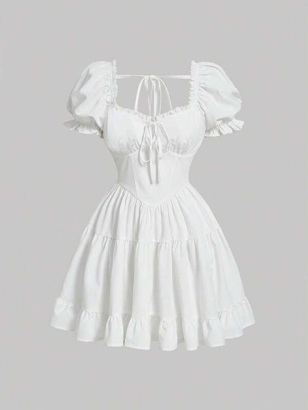 SHEIN MOD Solid Tie Front Ruffle Hem Dress,White Graduation Dress