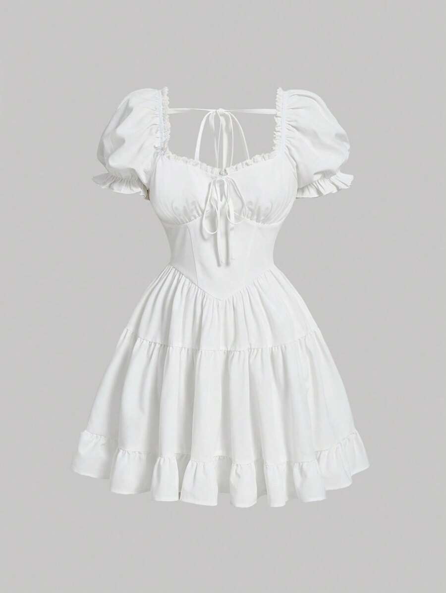 SHEIN MOD Solid Tie Front Ruffle Hem Dress,White Graduation Dress