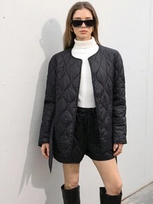 Aveloria Modichic 2pcs Set: Minimalist Quilted Wavy Textured Quilted Crew Neck Top And Drawstring Waist Loose Short Jacket For Women - Black - View 5