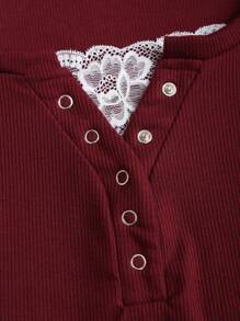 Sweetra 女式蕾丝边立领长袖纯色T恤，秋季 - 紅色 - 查看 5