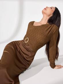 Modelyn Asymmetrical Knit Texture Patchwork Satin With Metal Buckle Elegant Dress Fall Cloth For Women - Brown - View 8