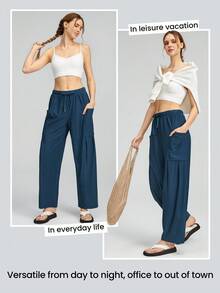 GLOWMODE Ribbed Drawstring Pockets Flowy Wide-Leg Pants Daily Casual Summer Cool Feeling - Navy Blue - View 5
