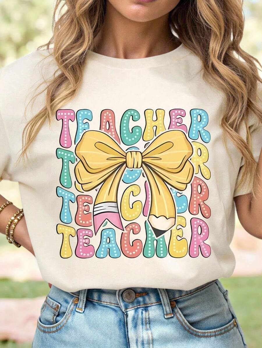 EMERY ROSE Plus Size Summer Casual Bow & Teacher Letter Print T-Shirt - Apricot - View 1