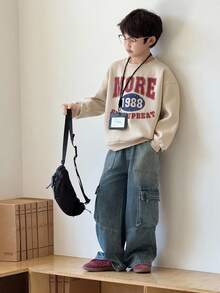 DAZY Tween Boy Loose Casual Letter Print Fleece Sweatshirt, Autumn, Winter