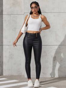 SHEIN Unity 女式纯色腰部纽扣设计 PU 皮革紧身裤 - 黑色 - 查看 2