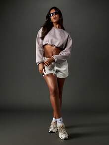 Missguided x Playboy Embossed Cropped Sweatshirt With Adjustable Drawstring Hem Casual Loungewear Pullover For Winter Fall Season - Grey - View 3